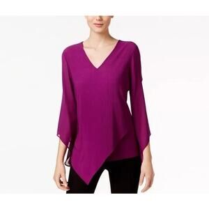 Alfani Women's Plum Chiffon Sleeve Ribbed Asymmetrical Tunic‎ Blouse Size M